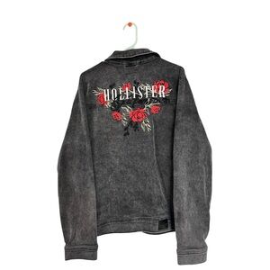 Hollister Black Denim Jacket with Red Floral Design, Vintage